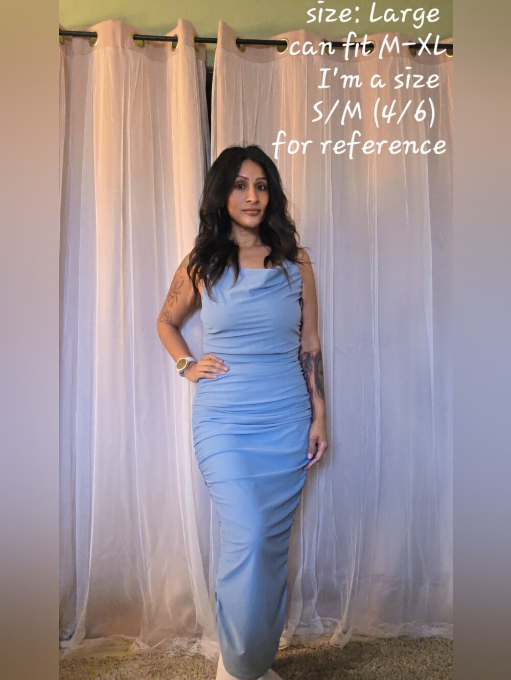 Light Blue Womens Ruched Cowl Neck Dress